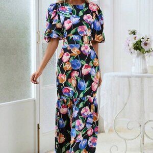 Multicolor Boho Womens Floral Print Puff Sleeve Ruffle Hem Dress